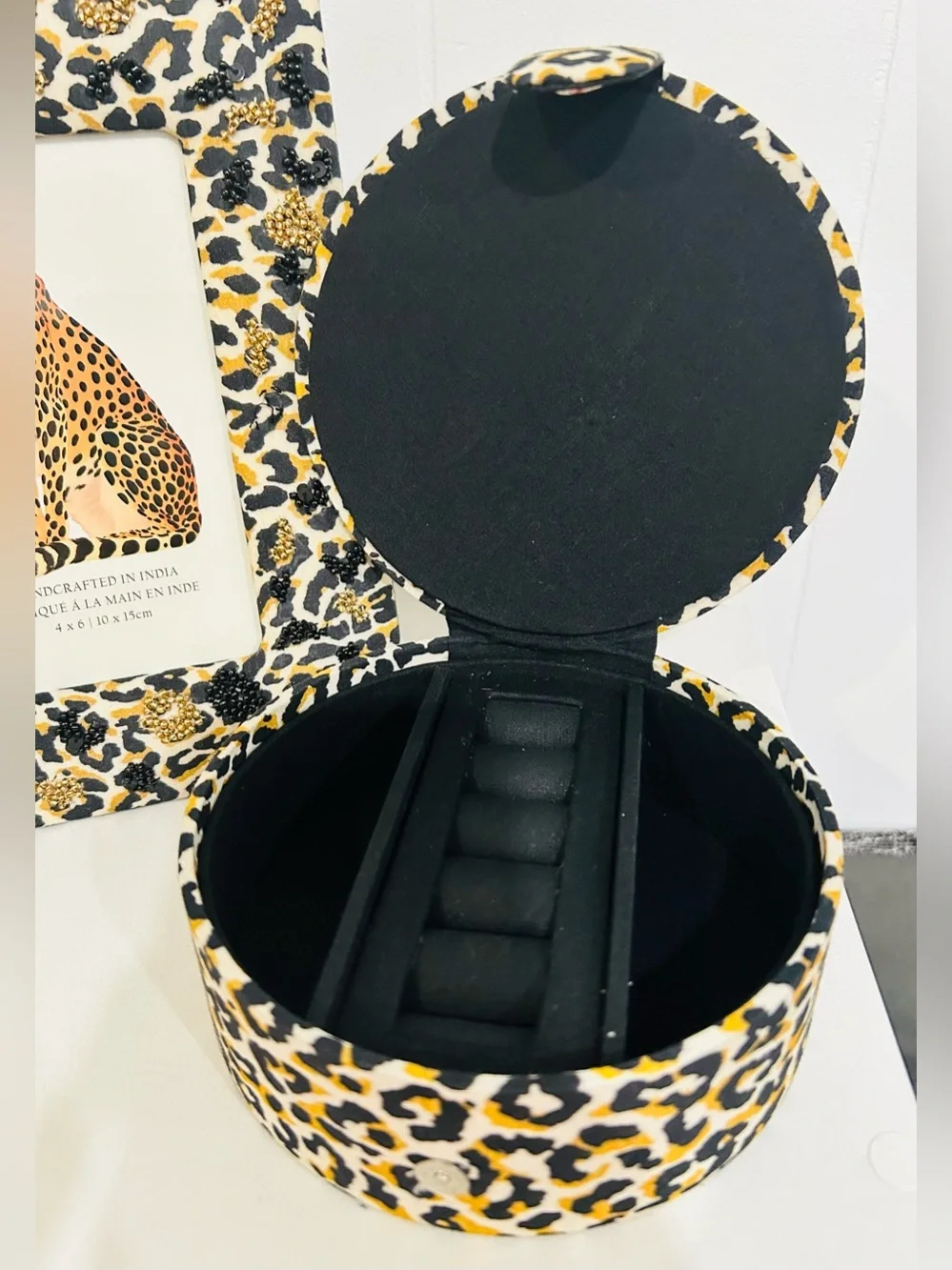 Leopard Print Round Jewelry Box with Matching Photo Frame and Beaded Accents